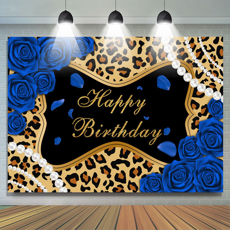 Lofaris Blue Roses Leopard Glitter Happy Birthday Backdrop