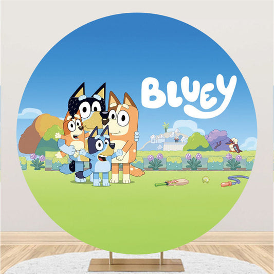 Lofaris Blue Sky And Cartoon Dogs Round Happy Birthday Backdrop