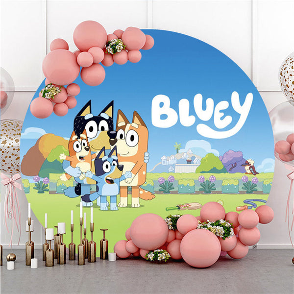Circle Blue Sky And Dogs Birthday Bluey Backdrop - Lofaris