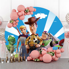 Lofaris Blue Sky And Cartoon Toy Round Boys Birthday Backdrop