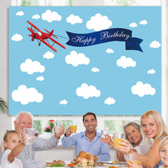 Lofaris Blue Sky and Cloud Red Plane Happy Birthday Backdrop