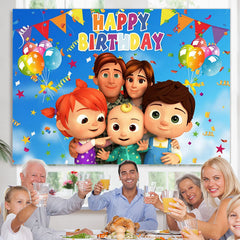 Lofaris Blue Sky Cartoon Happy Family Backdrop For Birthday