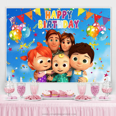 Lofaris Blue Sky Cartoon Happy Family Backdrop For Birthday