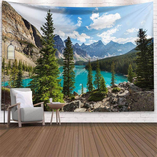 Lofaris Blue Sky Mountain Lake Forest Landscape Wall Tapestry