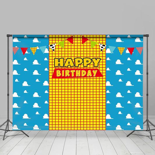 Lofaris Blue Sky White Clouds Cowboy Cartoon Birthday Backdrop