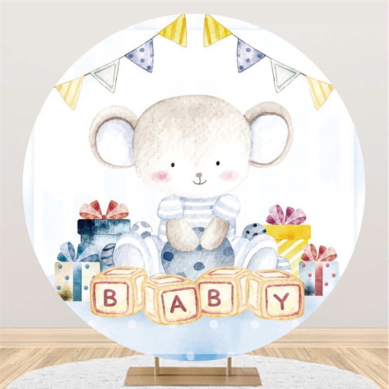 Lofaris Blue Teddy Bear And Gifts Round Baby Shower Backdrop
