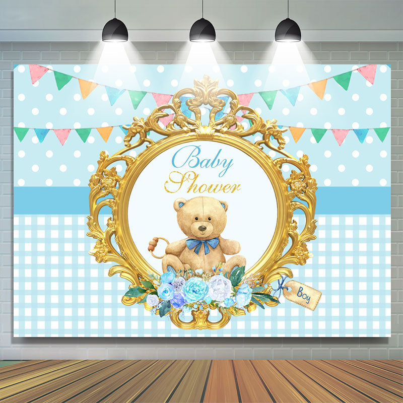 Lofaris Blue Teddy Bear With Flags Theme Baby Shower Backdrop
