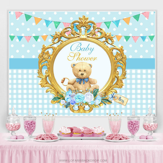 Lofaris Blue Teddy Bear With Flags Theme Baby Shower Backdrop