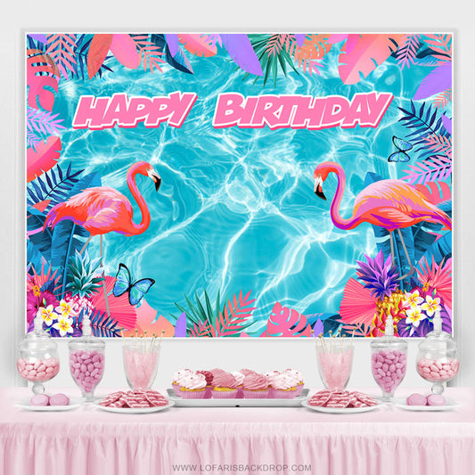 Lofaris Blue Water Pink Flamingo Monstera Birthday Backdrop