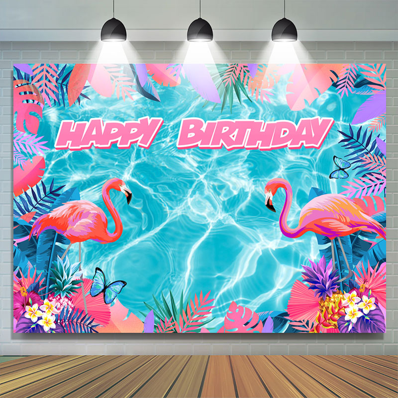 Lofaris Blue Water Pink Flamingo Monstera Birthday Backdrop