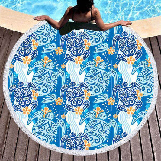 Lofaris Blue Waves And Turtle Circle Summer Beach Blanket