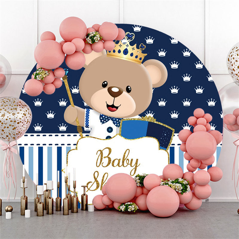 Lofaris Blue White Stripe Bear Theme Baby Shower Round Backdrop