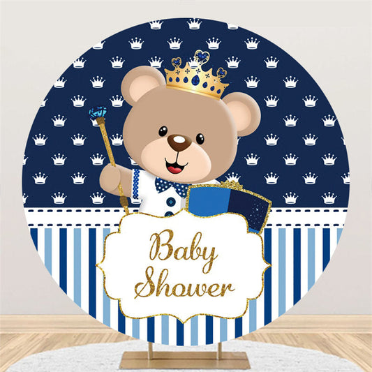 Lofaris Blue White Stripe Bear Theme Baby Shower Round Backdrop