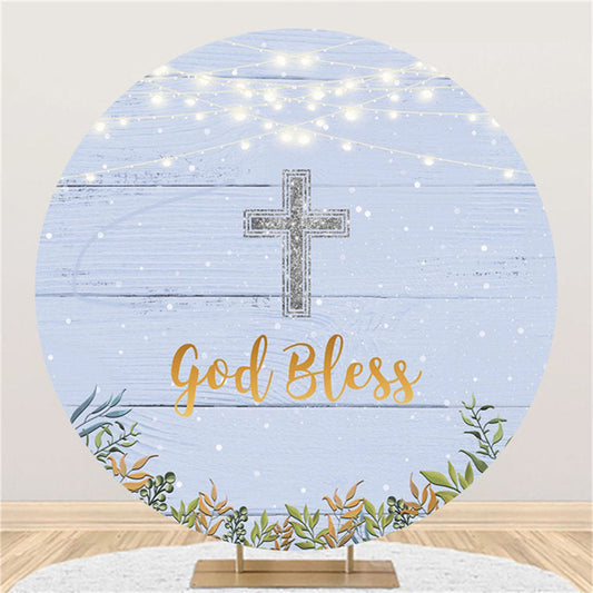 Lofaris Blue Wood Silver Glitter God Bless Baby Shower Backdrop