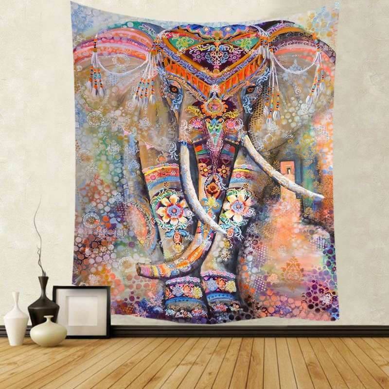 Lofaris Bohemian Elephant Floral Painting Style Wall Tapestry