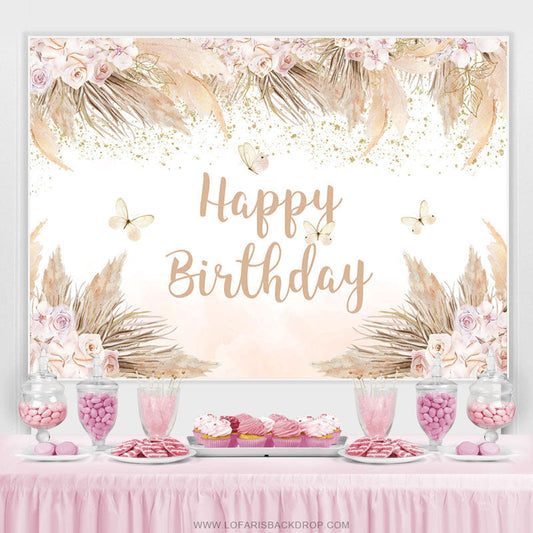 Lofaris Boho Theme Pink Floral Butterfly Birthday Backdrop