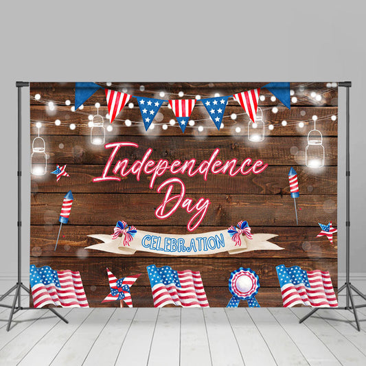 Lofaris Bokeh Brown Wood USA Flags Independence Day Backdrop