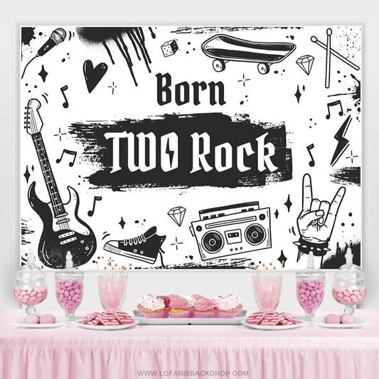 Lofaris Born Two Rock Black And White Happy Birthday Backdrop