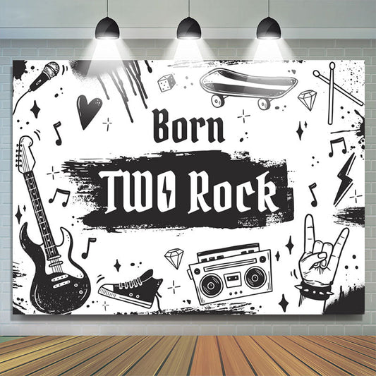 Lofaris Born Two Rock Black And White Happy Birthday Backdrop