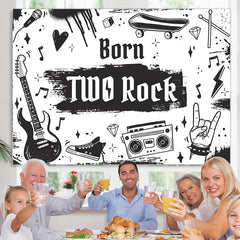 Lofaris Born Two Rock Black And White Happy Birthday Backdrop