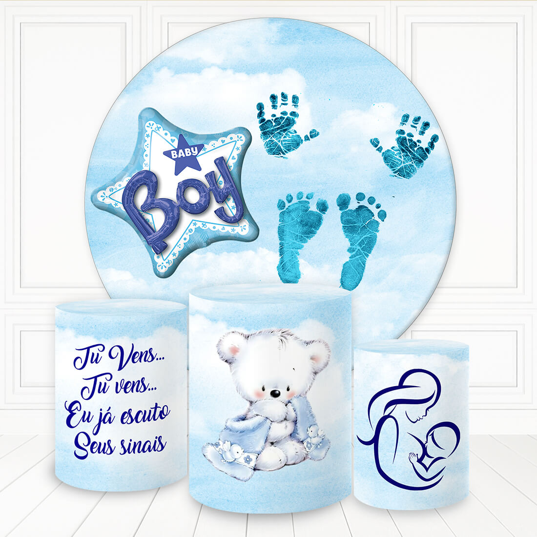 Lofaris Boy Bear Hand And Footprint Round Backdrop Kit For Baby Shower