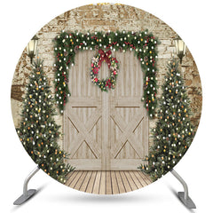 Lofaris Brick Door Wreath Lamp Round Merry Christmas Backdrop