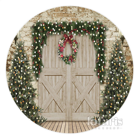Lofaris Brick Door Wreath Lamp Round Merry Christmas Backdrop