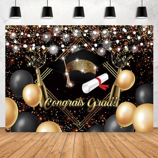 Lofaris Bright Gold And Ballon Glitter Congrats Grad Backdrop