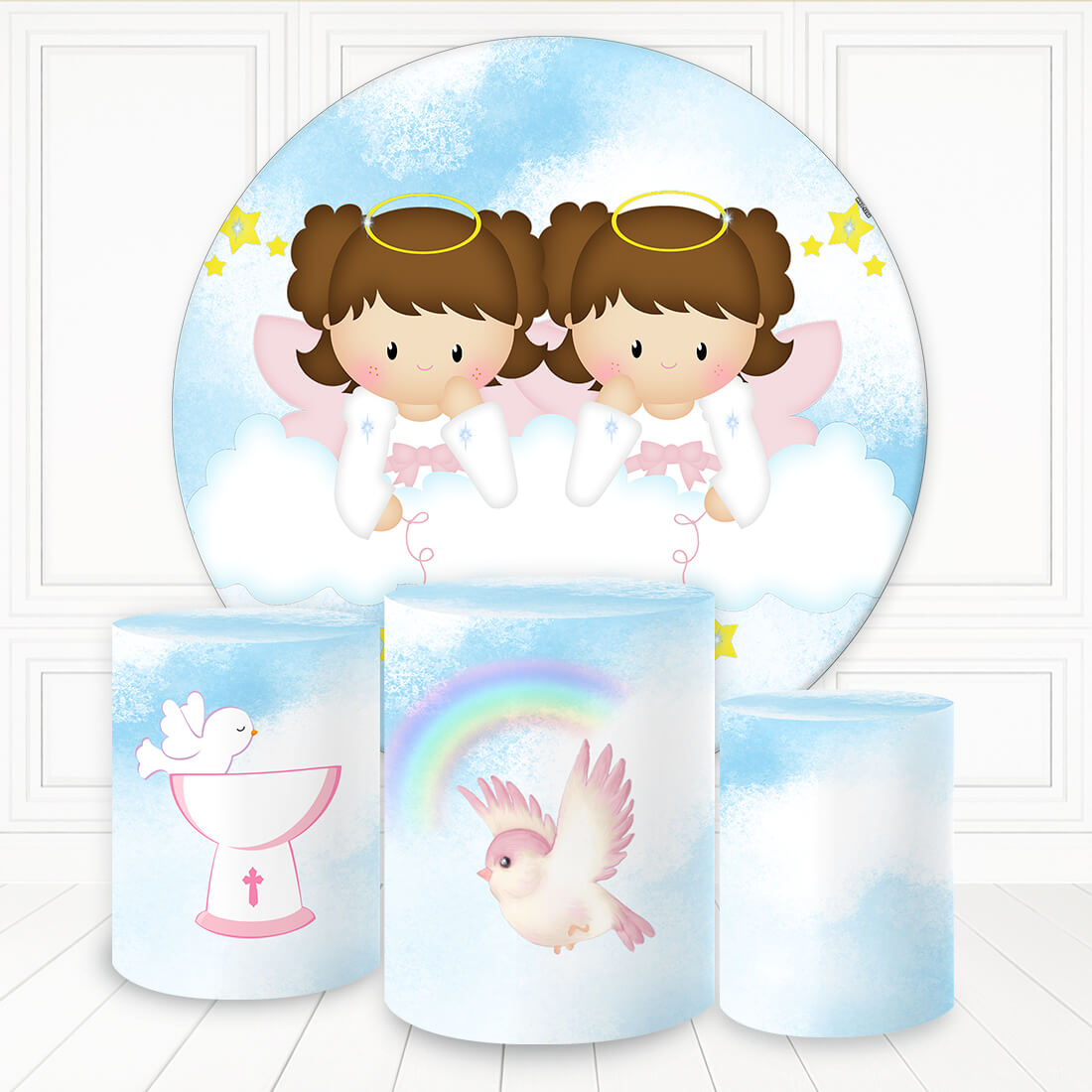 Lofaris Brown Hair Girl Twins Round Backdrop Kit For Baby Shower