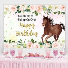 Lofaris Brown horse pink rose happy birthday backdrop for girl