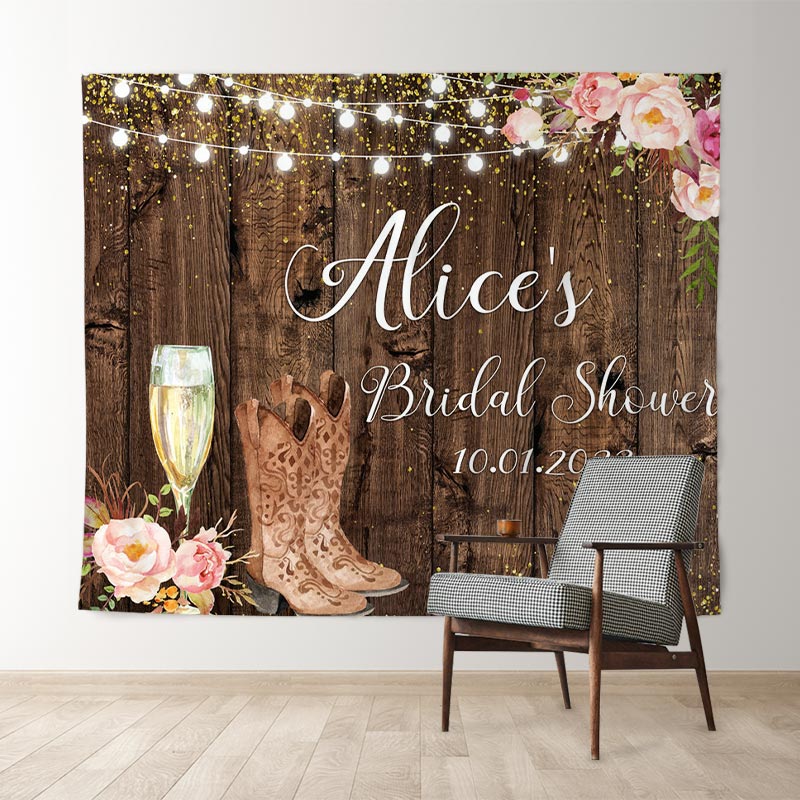 Lofaris Brown Wood Boots And Bubbly Bridal Shower Backdrop