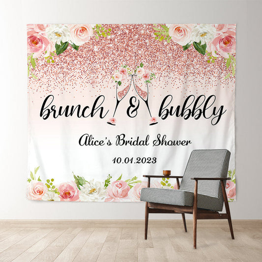 Lofaris Brunch And Bubbly Pink Floral Glitter Bridal Backdrop