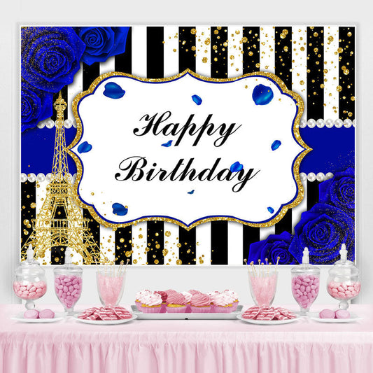 Lofaris Bule Roses Black and White Stripes Birthday Backdrop