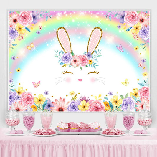 Lofaris Bunny And Colored Rainbow Floral Baby Shower Backdrop
