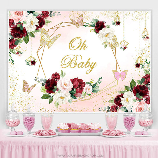 Lofaris Burgundy And Pink Flower Butterfly Baby Shower Backdrop