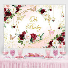Lofaris Burgundy And Pink Flower Butterfly Baby Shower Backdrop