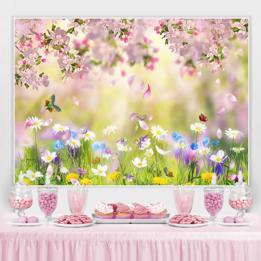 Lofaris Butterfly And Green Grassland Spring Theme Backdrop