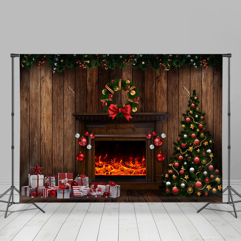 Lofaris Cabin With Christmas Gift Wreath Tree Holiday Backdrop