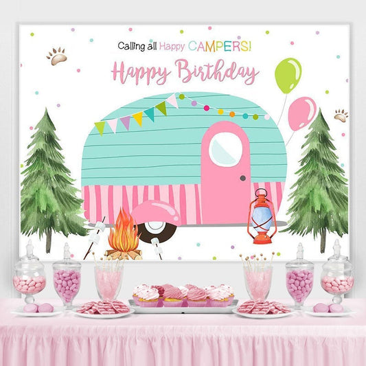 Lofaris Calling all Happy Campers camping birthday backdrop