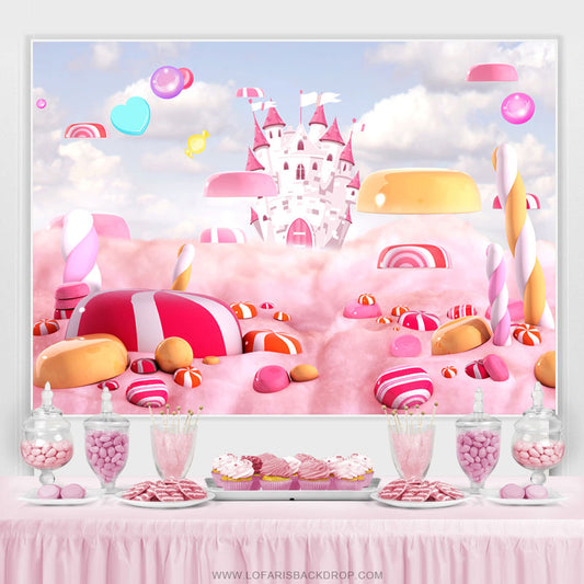 Lofaris Candyland Castle Pink World Birthday Backdrop