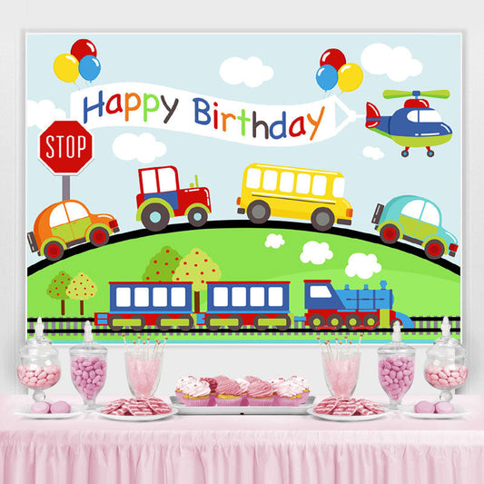 Lofaris Car Plane Train On The Way Happy Birthday Backdrop