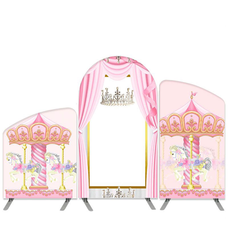 Lofaris Carousel Theme Pink Amusement Park Birthday Arch Backdrop Kit