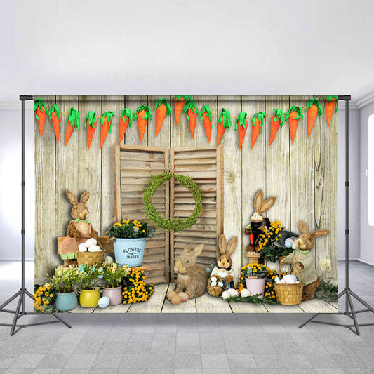 Lofaris Carrots With Toy Rabbits Wooden Happy Easter Backdrop