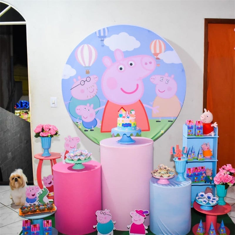 Lofaris Cartoom Peppa Pig Themed Round Happy Birthday Backdrop
