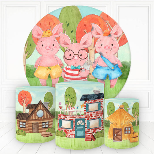 Lofaris Cartoom Thress Pigs With Houses Round Backdrop Kit