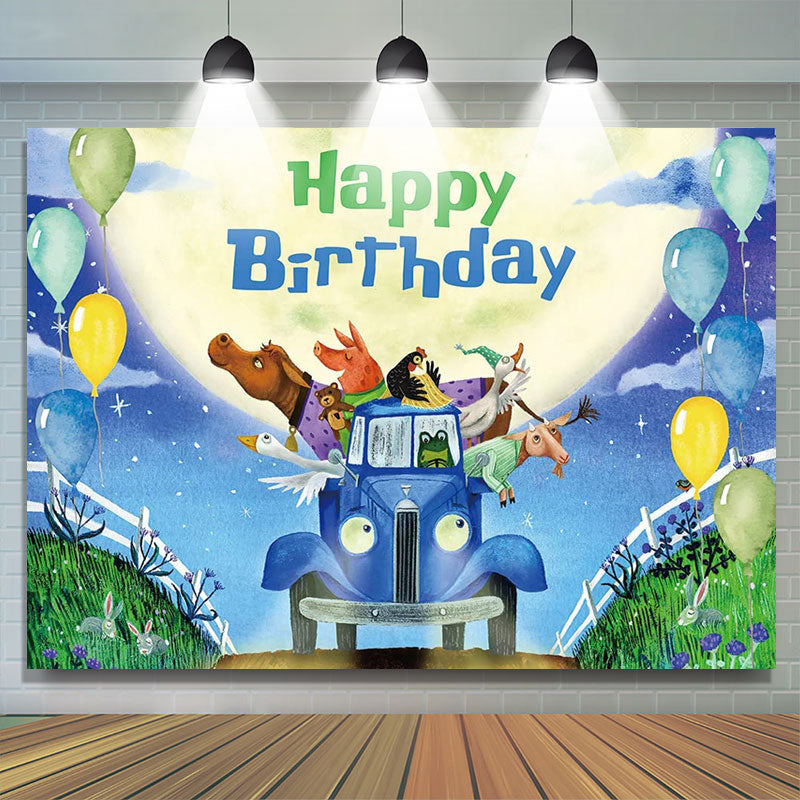 Lofaris Cartoon Blue Truck Balloon Themed Birthday Backdrop