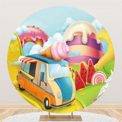 Lofaris Cartoon Car Ice Cream Happy Birthday Round Backdrop