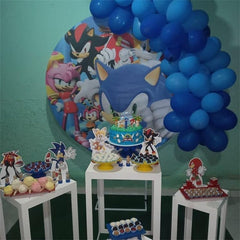 Lofaris Cartoon Cat Themed Blue Circle Happy Birthday Backdrop