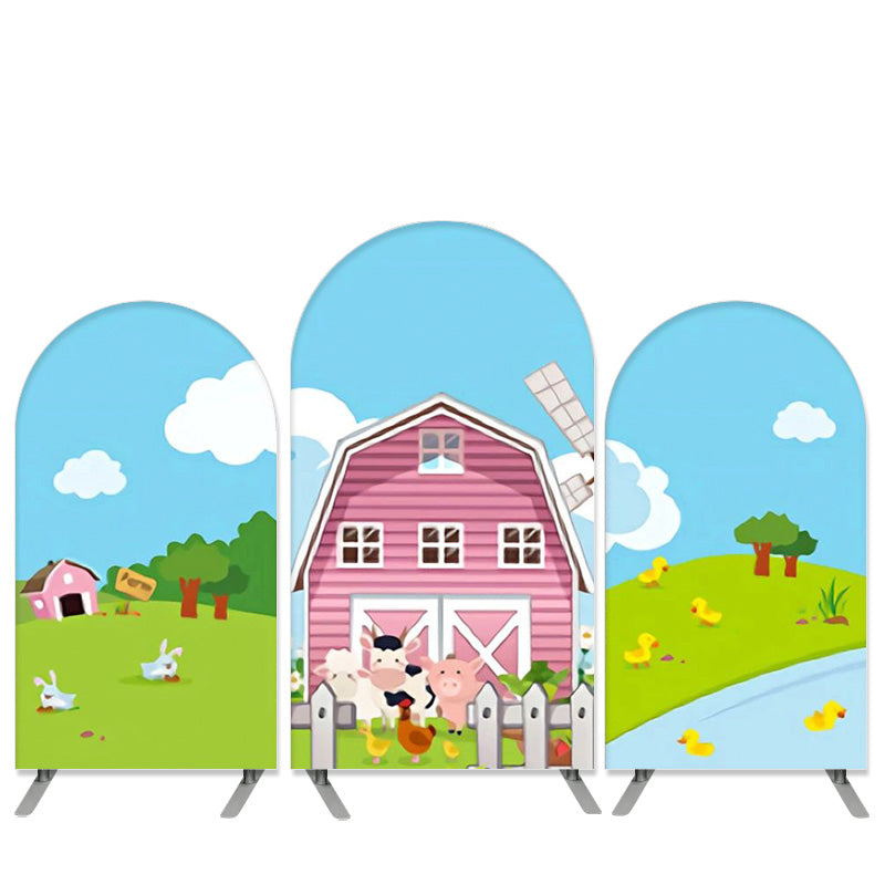 Lofaris Cartoon Farm House Theme Blue Pink Arch Backdrop Kit