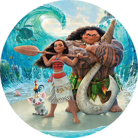 Lofaris Cartoon Girl And Man Round Sea Birthday Backdrop Kit